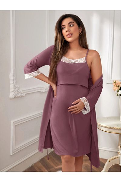 Miss Dünya Lissa Lace Detailed Strap Midi Dressing Nightgown Set Suitable for Pregnant and Postpartum Breastfeeding