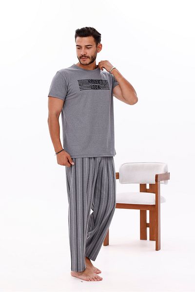 Pijamasoft Men's Pockets Striped Gray Short Sleeve Summer Pajamas Set