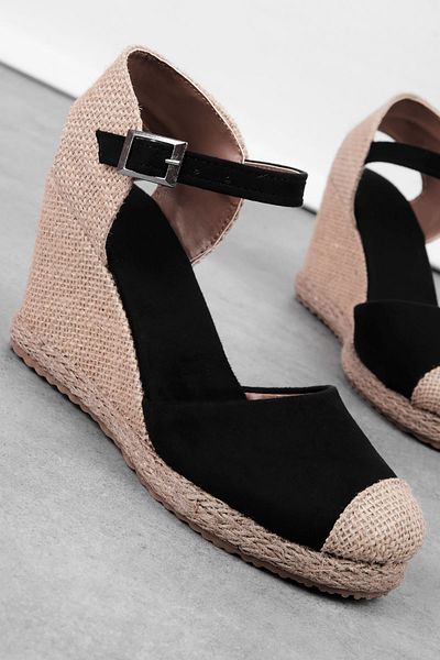 Lal Shoes & Bags Suva Women's Ankle Strap Straw Wedge Heeled Sandals Shoes-S.Black