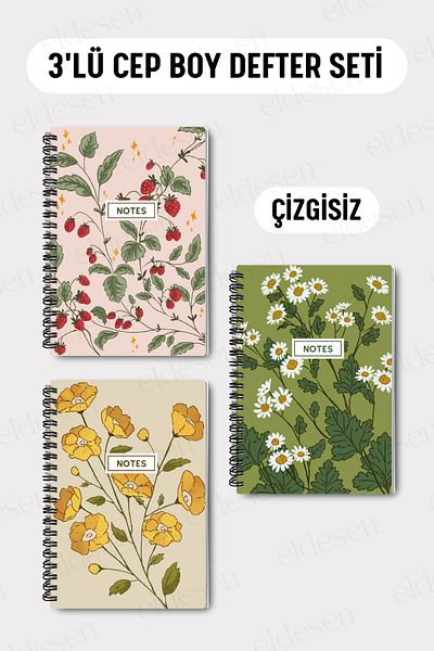 Eldesen Tasarım Set of 3 Pocket Size A6 Spiral Unlined Notebooks, Cardboard Cover 10X14 Cm, 50 Sheets 100 Pages