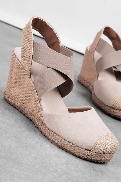 Lal Shoes & Bags Jong Women's Nubuck Detailed Elastic Cross Strap Straw Wedge Heeled Sandals-S.Cream