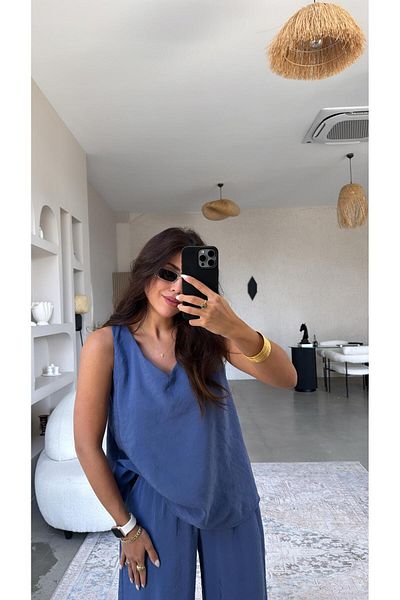Buket Teke Indigo V-Neck Wide Leg Suit