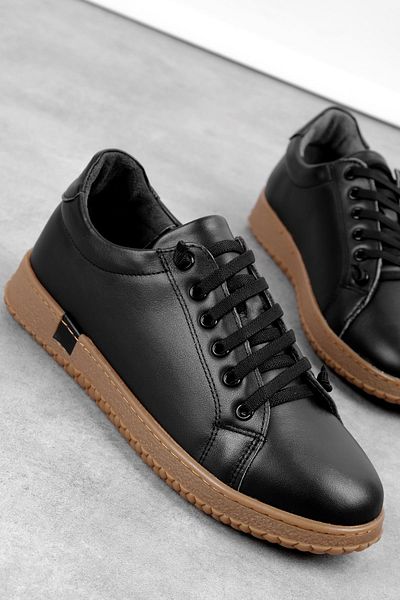 Lal Shoes & Bags Races Women's Genuine Leather Rubber Laced Casual Shoes-Black