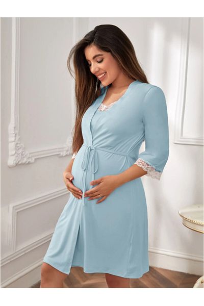 Miss Dünya Lissa Lace Detailed Strap Midi Dressing Nightgown Set Suitable for Pregnant and Postpartum Breastfeeding