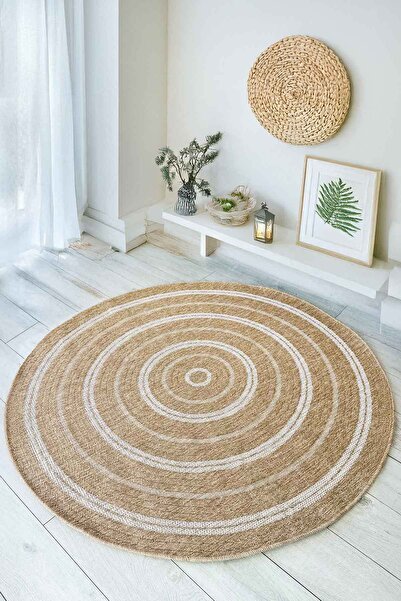 Decomia Home Laura Hasır Jüt Modern Çizgili Yuvarlak Dokuma Halı Kilim