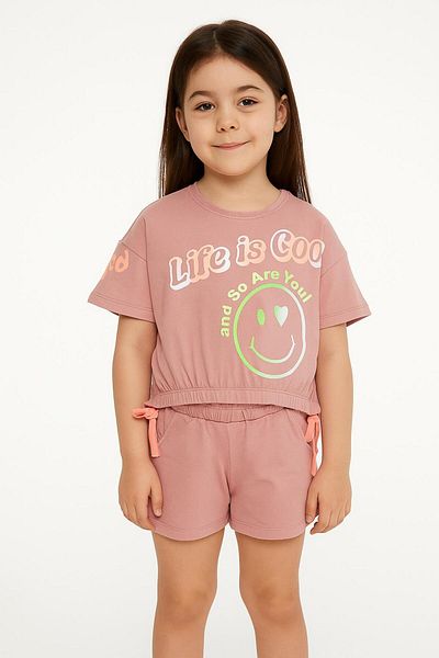 Alinna Printed Bottom Top T-Shirt Shorts Set. Girl's Summer Suit. Crop Shorts Set.