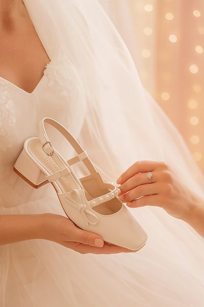 DİVOLYA Melody White λουστρίνι με λεπτομέρεια μαργαριταριού φιόγκου (4 cm τακούνι) Παπούτσια καθημερινής χρήσης με στρογγυλά δάχτυλα