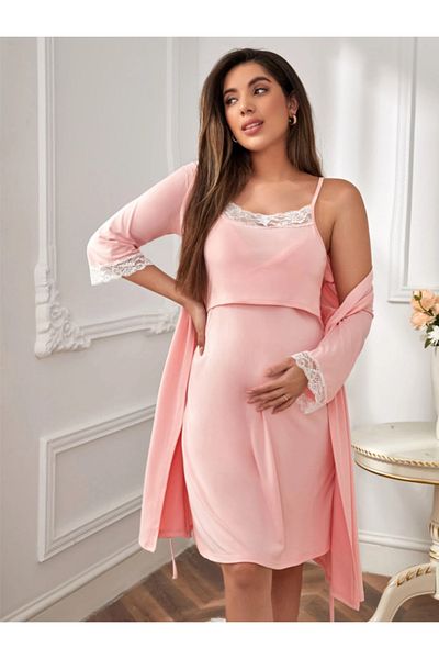 Miss Dünya Lissa Lace Detailed Strap Midi Dressing Nightgown Set Suitable for Pregnant and Postpartum Breastfeeding