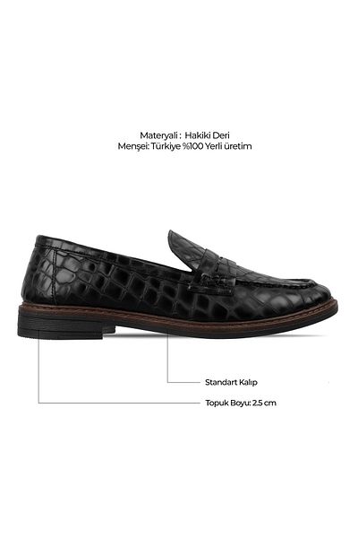 Lal Shoes & Bags Eliss Women's Genuine Leather Crocodile Patterned Ballerina Shoes-Black