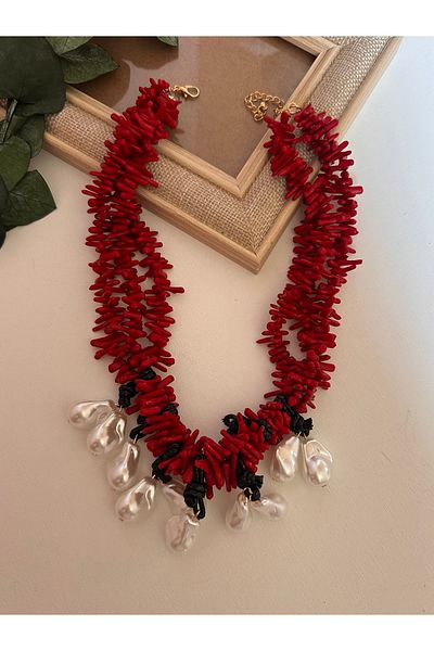 YENGEÇ Red Beaded Knot Model Pearl Necklace
