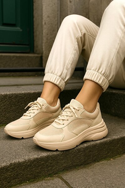 Trendova Premium Kalın Tabanlı Ortopedik Bej Kadın Günlük Spor Ayakkabı