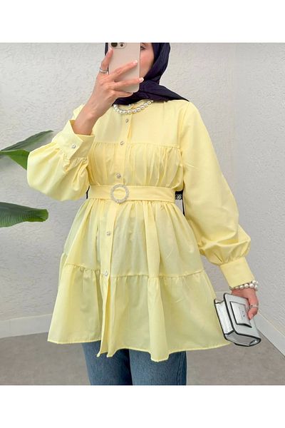 DEFNECE BUTİK Belted Tunic with Elastic Waist - Yellow