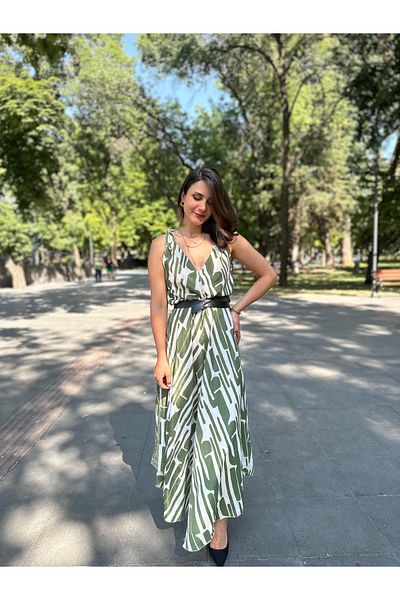 nidistore Women's Green Ecru Exotic Patterned Gold Gilded Straps Lace-Up Asymmetric Cut Wide Pasha Jumpsuit