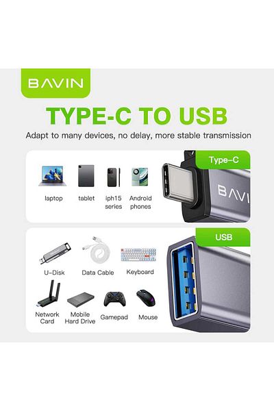 Bavin USB 3.0 OTG Adapter for Fast Data Transfer for Type-C Phones, Laptops, Tablets, and Gamepads