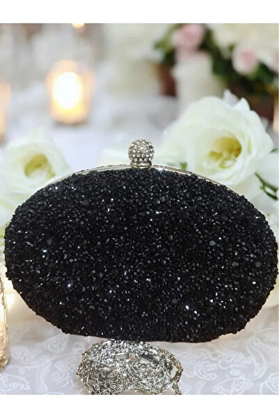 Jale Kadın Şık Kol Ve Omuz Clutch Portföy Siyah Sarı Kasalı Taşlı Abiye Çanta