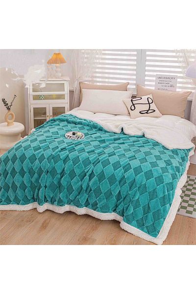 FIONNA.RO Cocolino Blanket With Rabbit Fur Checkered - Turquoise