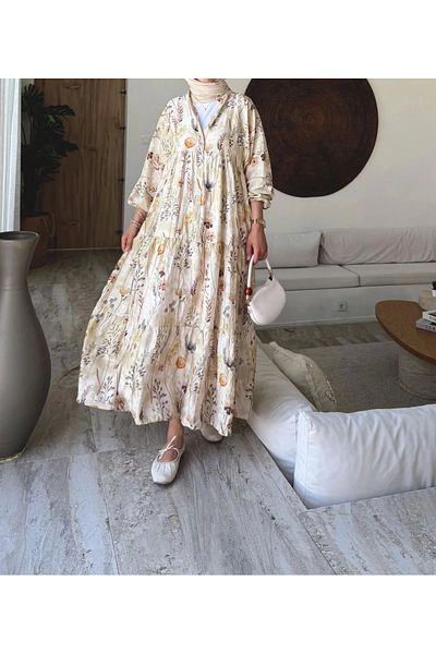 DEFNECE BUTİK Rana Floral Dress - Beige