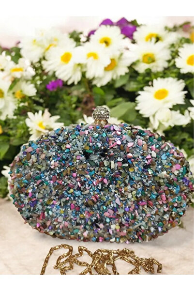 Jale Kadın Şık Kol Ve Omuz Clutch Portföy Renkli Taşlı Abiye Çanta