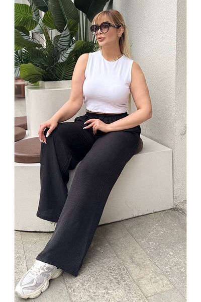 MODA Women's Large Size Pocketed Waist Elastic Linen Pants