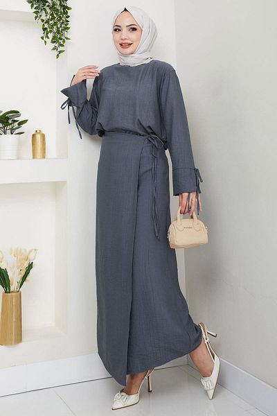 hafsamina Lace Detailed Skirt Suit Smoked Hm2724