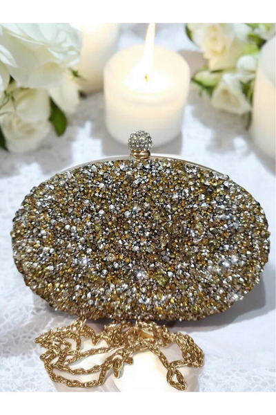 Jale Kadın Şık Kol Ve Omuz Clutch Portföy Altın Taşlı Abiye Çanta