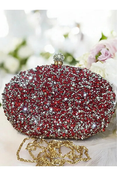 Jale Kadın Şık Kol Ve Omuz Clutch Portföy Kırmızı Taşlı Abiye Çanta