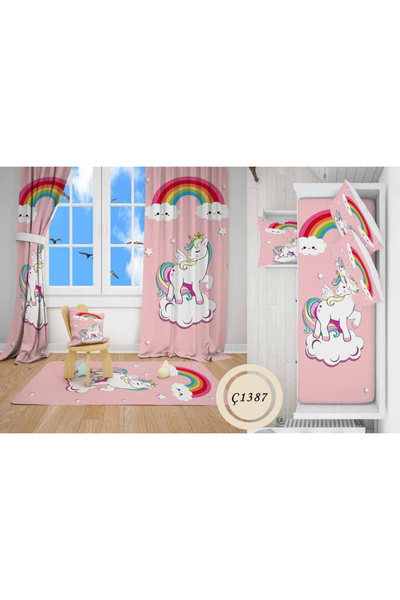 LovisaHome Pembe Unicorn ve Gökkuşağı Desenli Dijital Baskı Çocuk ve Genç Oda...