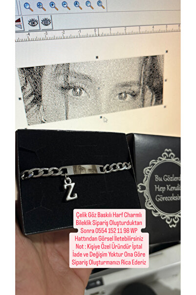 Çelik Harf Charmlı Göz Baskılı Bileklik - Gözlerim Hep Üzerinde Sevgilim