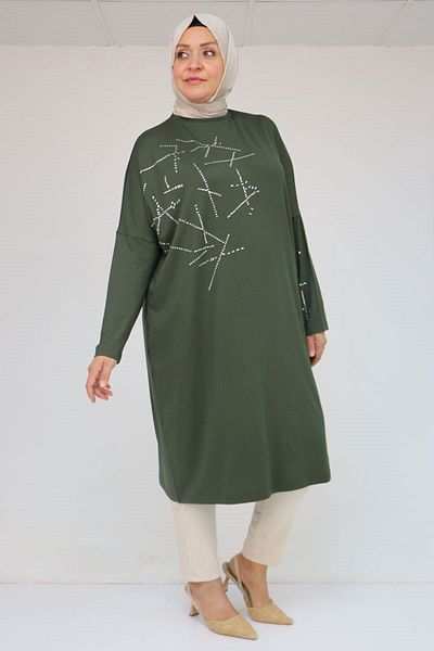 Eslina 58080 Large Size Low Sleeve Stone Detailed Combed Cotton Tunic - Khaki