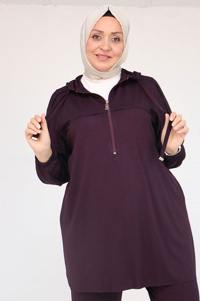 Eslina 57021 Σετ με χτενισμένο βαμβακερό παντελόνι με κουκούλα μεγάλου μεγέθους - μωβ