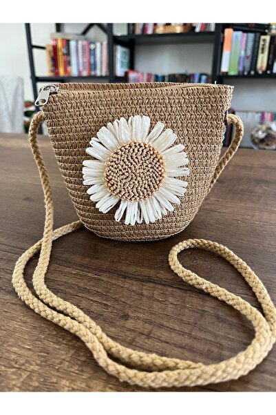 MODA Çocuk Hasır Çanta El ve Omuz Çantası Çiçek Papatya Renkli Desen