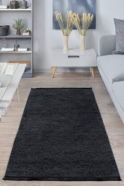 Antrasit Şönil Kilim Dokuma Makine Halısı Kaymaz Taban Yıkanabilir Pamuk Saçaklı Oturma Odası