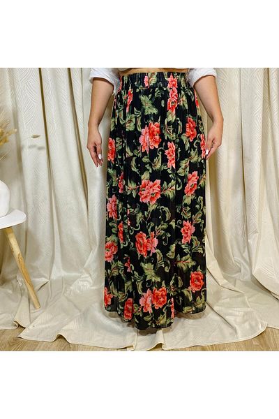 Intisimo Pleated Skirt, Flowy, Floral Print, Black/Red