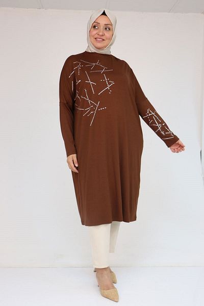 Eslina 58080 Large Size Low Sleeve Stone Detailed Combed Cotton Tunic - Brown