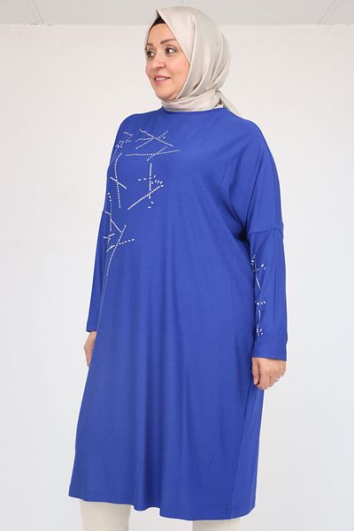 Eslina 58080 Large Size Low Sleeve Stone Detailed Combed Cotton Tunic - Indigo