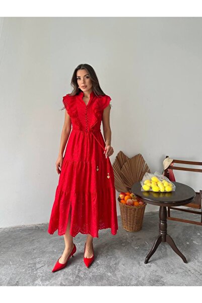 Butik Kırmızı volanlı broderie yazlık elbise