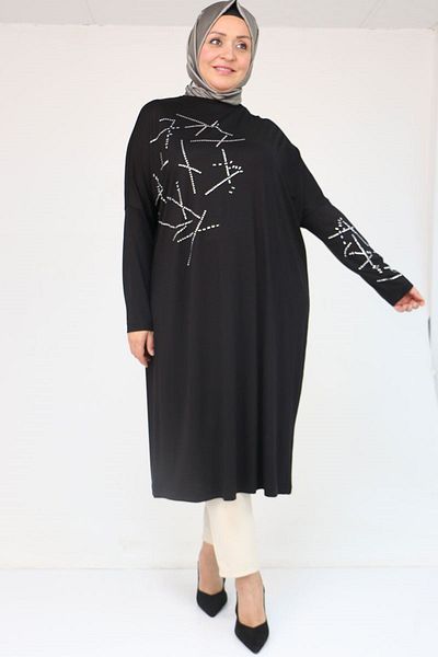 Eslina 58080 Large Size Low Sleeve Stone Detailed Combed Cotton Tunic - Black