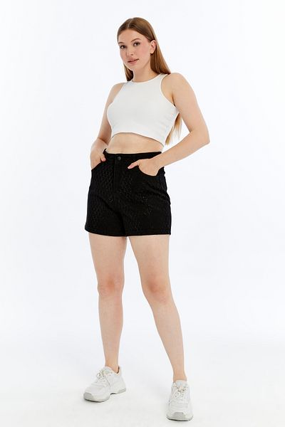 Blackbird Game Center X an Jeans Stone Embroidered Mini Diamond Pattern High Waist Denim Shorts – Black