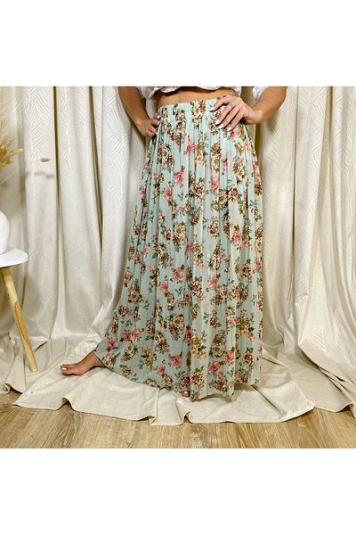 Intisimo Pleated Skirt, Flowy, Floral Print, Green/Pink