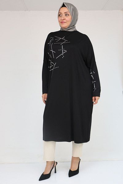 Eslina 58080 Large Size Low Sleeve Stone Detailed Combed Cotton Tunic - Black