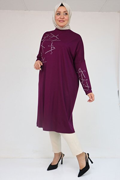 Eslina 58080 Large Size Low Sleeve Stone Detailed Combed Cotton Tunic - Plum