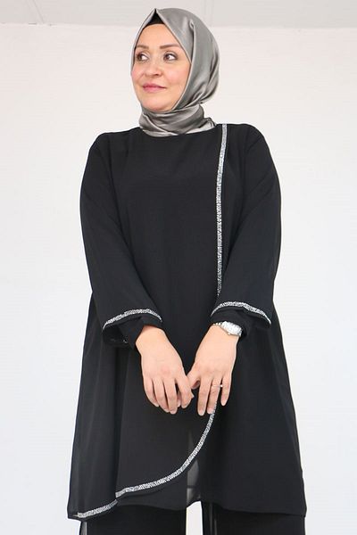 Eslina 47064 Plus Size Sandy Chiffon Pants Suit with Stone Print Detail - Black