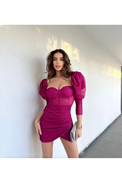 WellWay - Glitter Tulle Fabric Lined Chest Gloplu Zippered Black Mini Dress An617 - Pink