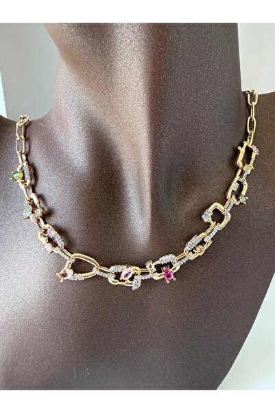 ACCESSORYHUB Renkli Taşlı Gold Halka Zincir Kolye