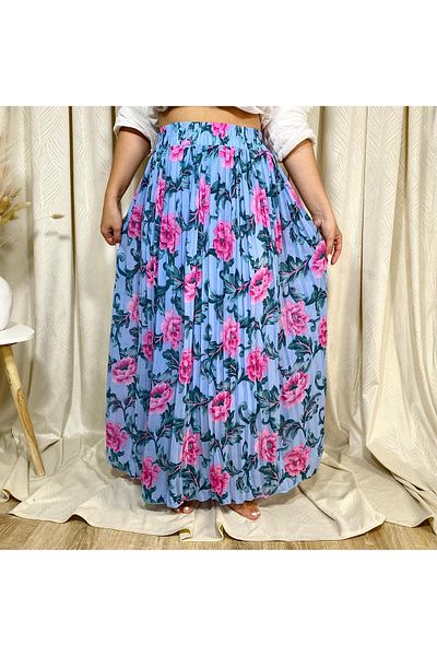 Intisimo Pleated Skirt, Flowy, Floral Print, Blue/Pink