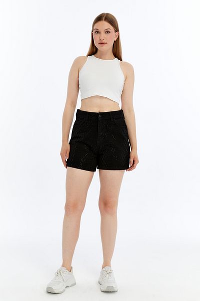 Blackbird Game Center X an Jeans Stone Embroidered Mini Diamond Pattern High Waist Denim Shorts – Black