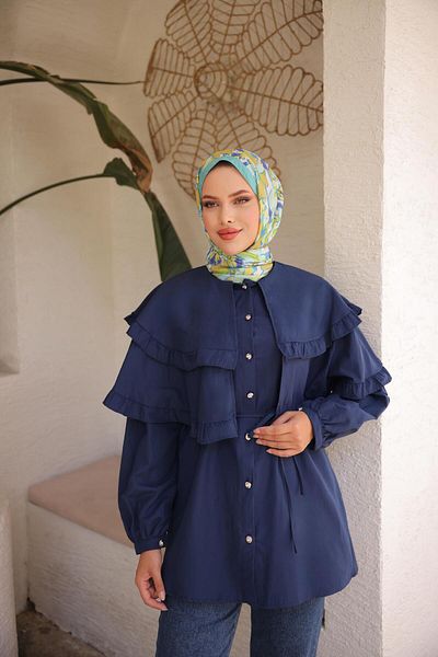 Nergis Neva Butik Double Cape Tunic with Tie at the Waist