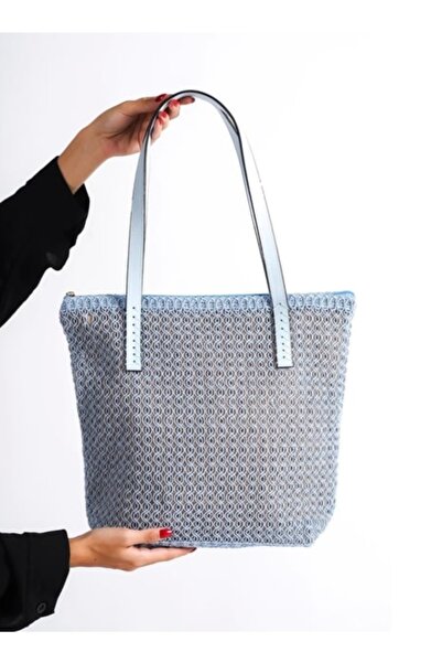 MODA Κεντητή ψάθινη αυθεντική premium μπλε δερμάτινη κομψή γυναικεία τσάντα μ...