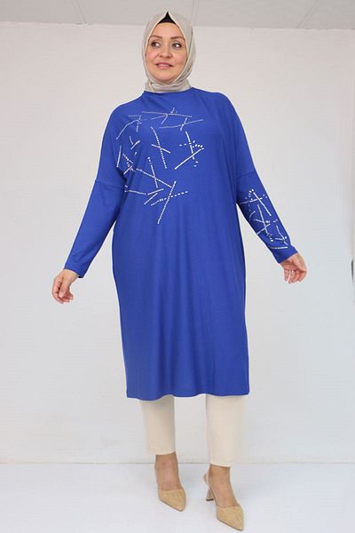 Eslina 58080 Large Size Low Sleeve Stone Detailed Combed Cotton Tunic - Indigo