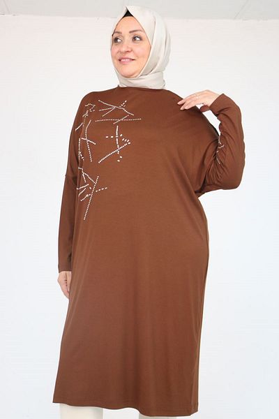 Eslina 58080 Large Size Low Sleeve Stone Detailed Combed Cotton Tunic - Brown